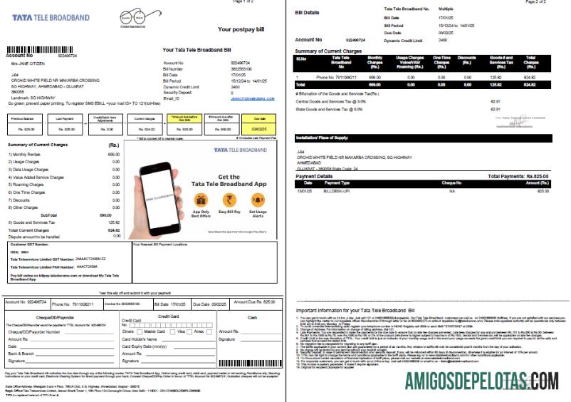 realista Modelo de conta de serviços públicos de banda larga Tata Tele da Índia em formatos Word e PDF, 2 páginas